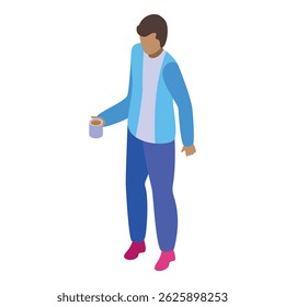 Young man holding coffee mug isometric icon vector illustration