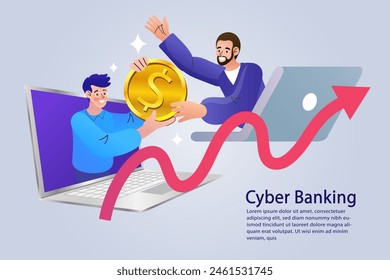 Young man holding coins and laptop. Cyber banking space procedures. Blockchain technology. Cyber banking space. Ecurrency transactions. Digital currency. Vector isolated concept metaphor illustrations