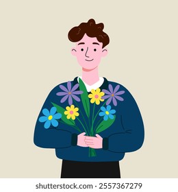 Young man holding a colorful bouquet of flowers. Cute flat illustration for Valentine's Day, celebrations, love, or greeting card design.