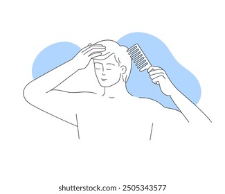 Young man holding comb for combing hair in morning haircare routine vector illustration