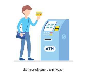 Young man holding a credit card and ATM bank machine isolated, cash money, loan, wages funds payment or withdrawal illustration cartoon flat vector.