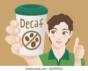 young man holding a cup of decaf coffee and pointing it, vector illustration