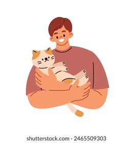 Young man holding cute cat. Pet owner. Human and feline animals friendship. Flat cartoon style vector illustration isolated on white background