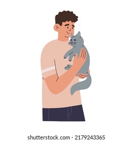 Young Man Holding A Cute Funny Cat. Owner Cuddle Beloved Pet Animal. Hand Drawn Color Vector Illustration Isolated On White Background. Modern Flat Cartoon Style.