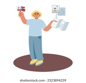 Young man holding different flags and postcard with pictures from visited countries. Visiting sightseeing during holidays. Time for discovering new places concept. Vector flat illustration