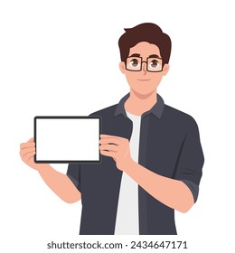 Young man holding digital tablet, showing screen with blank copy space. Flat vector illustration isolated on white background