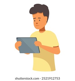 Young man is holding a digital tablet, browsing the internet or using a mobile app