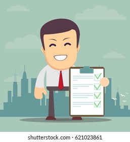 Young Man Holding a Document in Which All Approved, Validated, Agreed. The Document Put the Green Check Mark, Flags. Vector Illustration