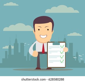Young Man Holding a Document in Which All Approved, Validated, Agreed. The Document Put the Green Check Mark, Flags. Vector Illustration