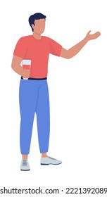 Young man holding drink and talking semi flat color vector character. Editable figure. Full body person on white. Gathering simple cartoon style illustration for web graphic design and animation