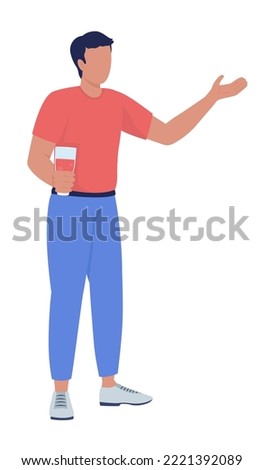 Young man holding drink and talking semi flat color vector character. Editable figure. Full body person on white. Gathering simple cartoon style illustration for web graphic design and animation