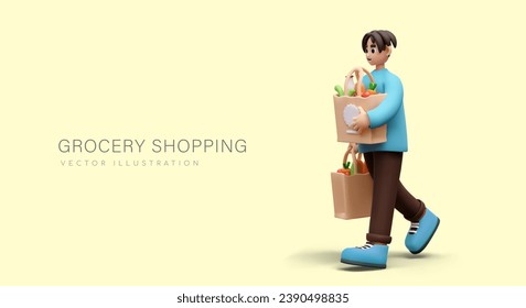 Young man holding eco bags with different products. Concept of offline and online grocery shopping. Vector illustration in 3D style with yellow background and place for text