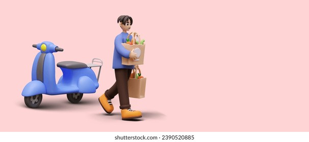 Young man holding eco bags with vegetables and walking near scooter. Poster with place for text. Young courier delivers food to client. Vector illustration in 3D style