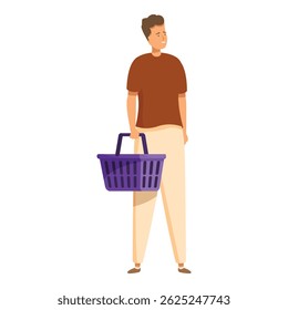 Jovem está segurando uma cesta vazia num supermercado
