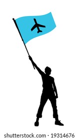 young man holding a flag with an airplane, vector illustration