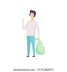 Young man holding garbage bag, people gathering, sorting waste for recycling vector Illustration on a white background