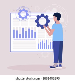 Young man holding gear and generating ideas for report chart, business statistic, analysis.
Management and marketing concept. Vector illustration in a flat style