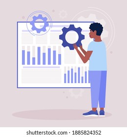 Young man holding gear and generating ideas for report chart, business statistic, analysis.
Management and marketing concept. Vector illustration in a flat style
