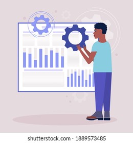 Young man holding gear and generating ideas for report chart, business statistic, analysis.
Management and marketing concept. Vector illustration in a flat style