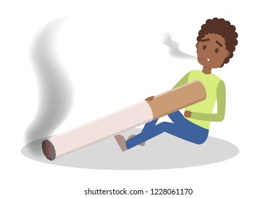 Young man holding giant cigarette and smoking. Tobacco additction and bad habit. Flat vector illustration