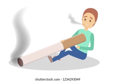Young man holding giant cigarette and smoking. Tobacco addiction and bad habit. Flat vector illustration