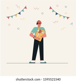 Young man holding a gift box. Concept for a holiday card birthday or Valentine's day, banner, advertising. Flat minimal style vector illustration on white background.