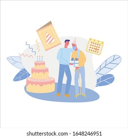 Young Man, Holding Gift Box in Hands, Hugging and Congratulating His Senior Friend, Grandad or Dad on His Birthday. Floral Background with Birthday Cap, Cake with Candles, and Calendar.