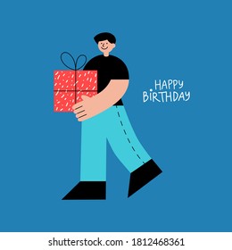 Young man holding gift boxes flat vector illustration. Hand-drawn greeting card with happy birthday lettering phrase on blue background. Minimalist art for social media, sticker or print.