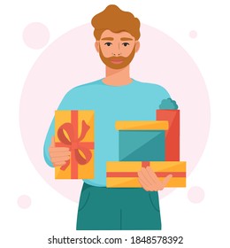Young man holding gift boxes. Concept for birthday party, New Year, Valentine's day, Women's day. Design for greeting card, poster, postcard, print. Vector illustration isolated on white background.