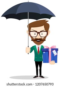 Young man holding a gift for you under an umbrella, vector illustration