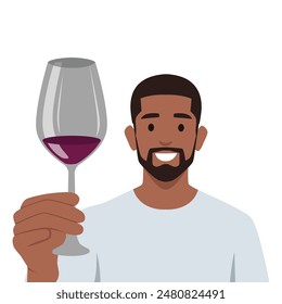 Joven sosteniendo un vaso de vino tinto. Ilustración vectorial plana aislada sobre fondo blanco