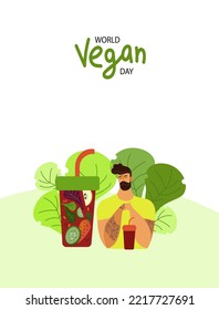 young man is holding a glass of vegetable smoothie. Vector flat doodle cartoon poster of World Vegan  Day. Nutrition plan concept, healthy diet, program. 