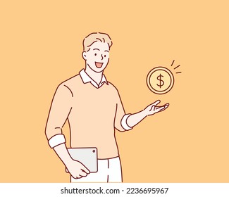 Young man holding a gold coin. Earning money, increasing capital, the pursuit of money, capital gains, cash gains concept. Hand drawn style vector design illustrations.