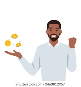 Joven sosteniendo una moneda de oro. Ganar dinero. Ilustración vectorial plana aislada sobre fondo blanco