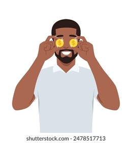 Young man holding golden coin in the eyes. Flat vector illustration isolated on white background