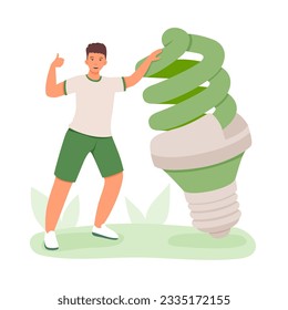 Young man holding green big bulb and happy to use green energy. Concept of rational use of natural energy for domestic needs. Care for environment. Environmentally conscious living. Flat vector