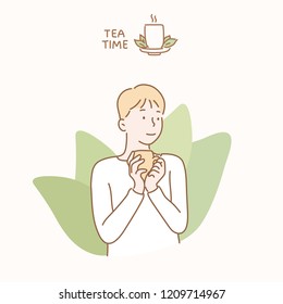 A young man holding green tea cup and smiling. hand drawn style vector design illustrations.