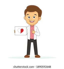 Young man holding halves of one heart.Dating