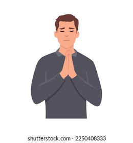 Young man holding hands folded in pray. Flat vector illustration isolated on white background