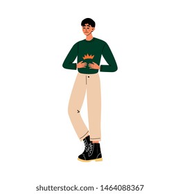 Young Man Holding Hands in His Stomach, Guy Feeling Abdominal Pain in Body Caused By Illness or Injury Vector Illustration