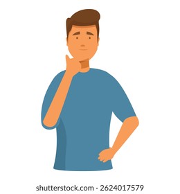 Young man is holding his fingers to his face as if talking on a mobile phone and thinking
