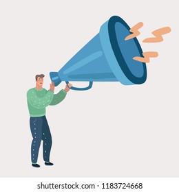 Young man holding in his hands in megaphone and screaming. Guy is shouting and screaming in bullhorn. Isolated on white background. Vector cartoon illustration in modern concept