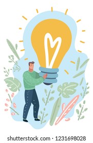 Young man holding in his hands a big lamp. Guy with big light bulb. Concept of a big new idea. Everything begins with an idea. Vector cartoon illustration in modern concept