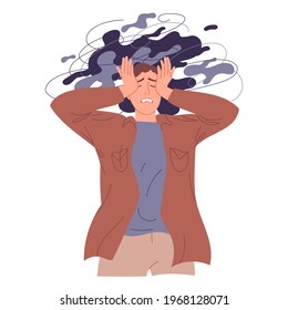 Young man is holding his head while experiencing negative emotions, psychological problems svg