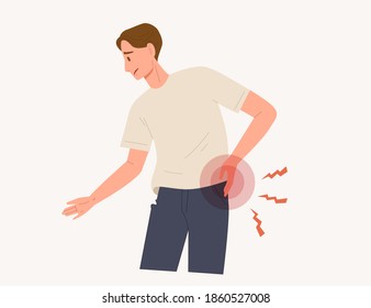 Young man holding his lower back with red spot of pain symptom. Concept of back pain, office syndrome, lifestyle, health, muscle injury, medicine. Waist hurt. Flat vector illustration character