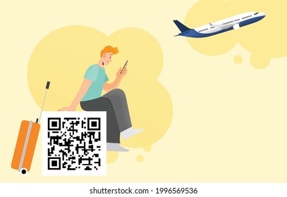 Young man holding his smartphone and looking at the screen with qr code. Qr code scanning technology template. Concept of digital travel pass, travel authorization and vaccination certificate.