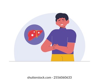 Young man holding his stomach with uncomfortable facial expression, infected human liver indicates having liver related health problems, vector illustration.