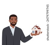 Young man holding house thinking of mortgage or loan. Flat vector illustration isolated on white background
