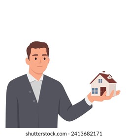 Young man holding house thinking of mortgage or loan. Confused male with home maquette frustrated with housing rent or purchase. Real estate agent. Flat vector