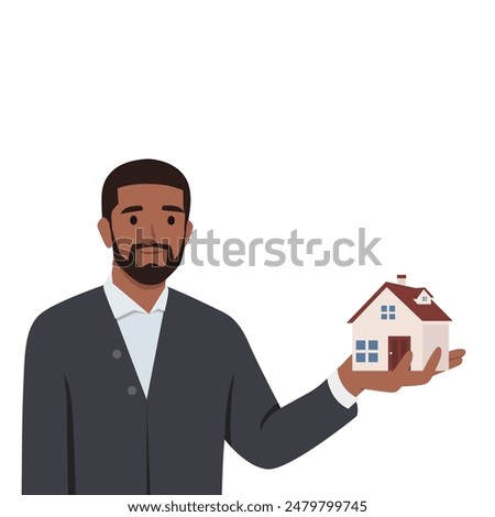 Young man holding house thinking of mortgage or loan. Flat vector illustration isolated on white background